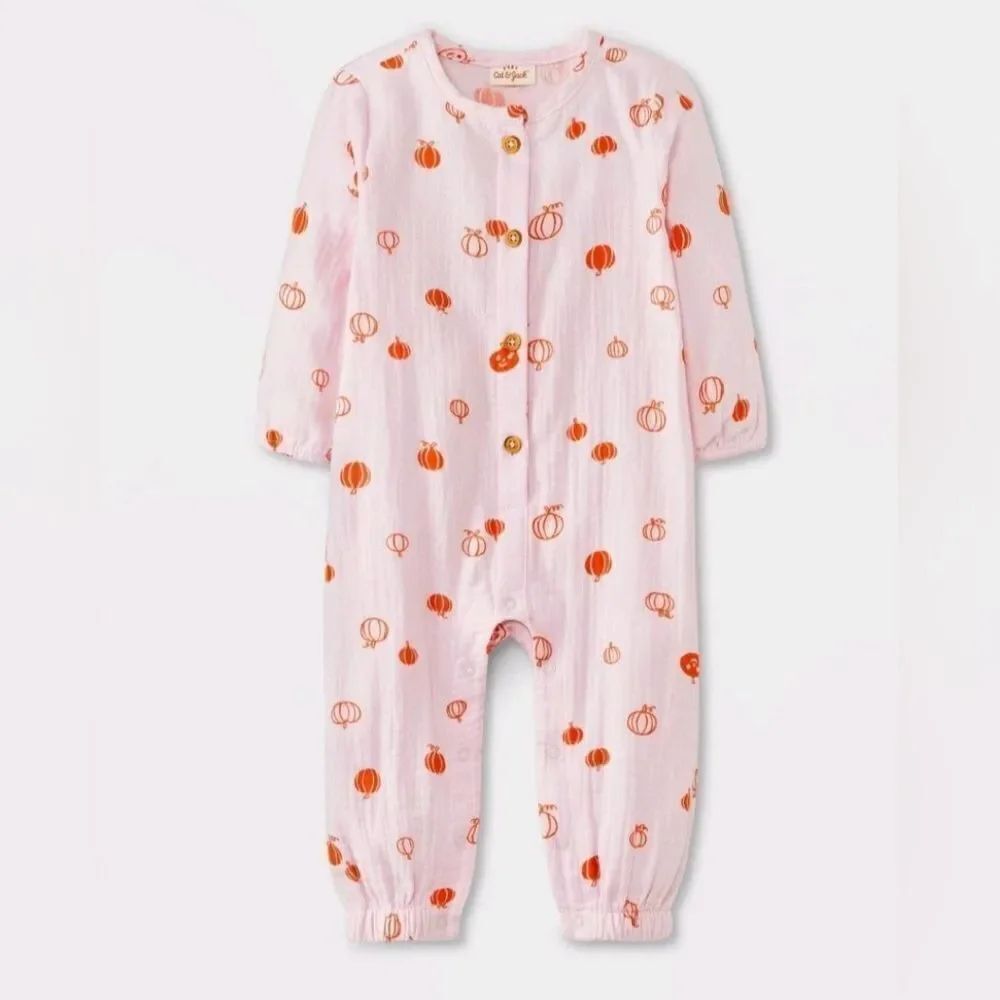 Nwt Cat & Jack Gauze 100% Cotton Girls Pink Pumpkin Romper